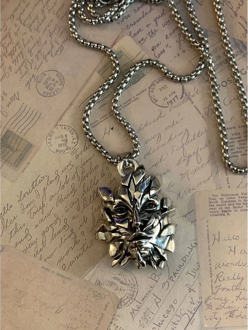 Green Man Pagan Leaf Face Pendant Necklace  Box Chain